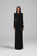 L' SCARLETT • Heart-Beaded Long-Sleeve Front-Slit Crepe Maxi Dress
