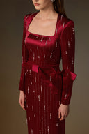 IHF ATELIER • Red Metallic Striped Silk Crystal Column Gown