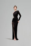 Black One-Shoulder Column Evening Gown Draped Waist & Slit for women, from IHF ATELIER, The Viet Concept