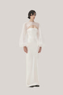 White Anh Vi Straight Asymmetric Sleeved Satin Top for women, from TINH, The Viet Concept 