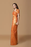 Silk Lined Taffeta Draped Off Shoulder Column Gown for women, from IHF ATELIER, The Viet Concept
