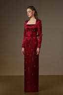 IHF ATELIER • Red Metallic Striped Silk Crystal Column Gown