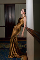 THÉSONG • Bronze Satin Draped Column Evening Gown
