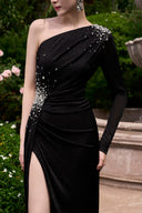 Black One-Shoulder Column Evening Gown Draped Waist & Slit for women, from IHF ATELIER, The Viet Concept