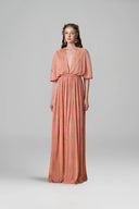 Luxury Peach Pleated Jersey V-Neck A-Line Gown With Braided Belt for women, from IHF ATELIER, The Viet Concept