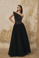 L' SCARLETT • Flared Pointed-Bust Crystal-Embellished Maxi Gown