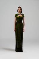 IHF ATELIER • Emerald Green Velvet Draped Round-Neck Column Gown