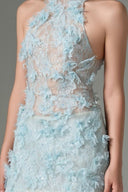 Aurelia Crystal Floral Lace Mini Dress in Aqua for women, from 21SIX, The Viet Concept