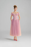 LINH PHUNG • Brumelle Crystal Bow Off-Shoulder Tulle Midi Dress