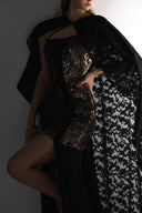 Reverberation Noir Lace Train Cape Mini Dress for women, from SORAMAME, The Viet Concept