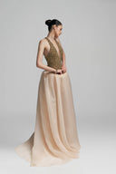 Gold Beaded Cream Organza Natalie Long Dress For Women, from DUONG ATELIER, The Viet Concept