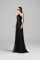 Silene Embellished Velvet Lace Halter Neck Floor-Length Dress for women, from SORAMAME, The Viet Concept