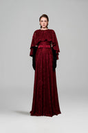 Étoile Dark Red French Lace Cape Column Gown for women, from IHF ATELIER, The Viet Concept 