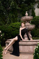 Black One-Shoulder Column Evening Gown Draped Waist & Slit for women, from IHF ATELIER, The Viet Concept