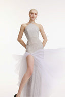 SORAMAME • Ice Grey Inception Halter Sequin Column Maxi Dress