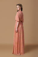 Luxury Peach Pleated Jersey V-Neck A-Line Gown With Braided Belt for women, from IHF ATELIER, The Viet Concept