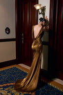 THÉSONG • Bronze Satin Draped Column Evening Gown