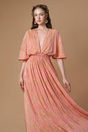 Luxury Peach Pleated Jersey V-Neck A-Line Gown With Braided Belt for women, from IHF ATELIER, The Viet Concept