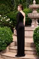 Black One-Shoulder Column Evening Gown Draped Waist & Slit for women, from IHF ATELIER, The Viet Concept