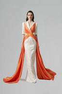 Ivory Column Evening Gown With Peak Lapel & Draped Ribbon Couture for women, from IHF ATELIER, The Viet Concept