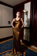 THÉSONG • Bronze Satin Draped Column Evening Gown
