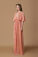 Luxury Peach Pleated Jersey V-Neck A-Line Gown With Braided Belt for women, from IHF ATELIER, The Viet Concept