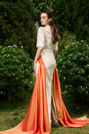 Ivory Column Evening Gown With Peak Lapel & Draped Ribbon Couture for women, from IHF ATELIER, The Viet Concept