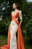 Ivory Column Evening Gown With Peak Lapel & Draped Ribbon Couture for women, from IHF ATELIER, The Viet Concept