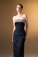 IHF ATELIER • Pearl-Embellished Black Rose Brocade Strapless Ball Gown