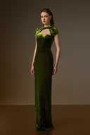 IHF ATELIER • Emerald Green Velvet Draped Round-Neck Column Gown