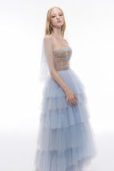 JOSÉPHINE • Azure Chiffon & Tulle Draped Maxi Dress