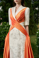 Ivory Column Evening Gown With Peak Lapel & Draped Ribbon Couture for women, from IHF ATELIER, The Viet Concept