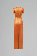 Orange Metallic Silk Trapeze Neck Column Gown with Beaded Sleeves for women, from IHF ATELIER, The Viet Concept
