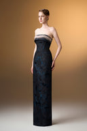 IHF ATELIER • Pearl-Embellished Black Rose Brocade Strapless Ball Gown