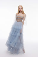JOSÉPHINE • Azure Chiffon & Tulle Draped Maxi Dress