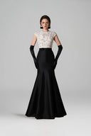 White Sequin Lace & Black Taffeta Sleeveless Mermaid Gown Round Neck for women, from IHF ATELIER, The Viet Concept 