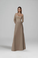 L' SCARLETT • Beige Crystal-Beaded Flared Sleeve Crepe Maxi Dress