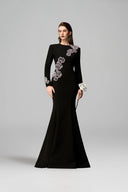 IHF ATELIER • Black Crystal Floral Embellished Crepe Mermaid Gown