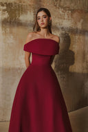 L' SCARLETT • Sculpted 3D Bust Red Off-Shoulder Flared Maxi Gown