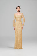 Beige French Lace Trapeze Neck Column Gown With Silk Waist for women, from IHF ATELIER, The Viet Concept