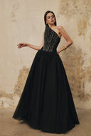 L' SCARLETT • Flared Pointed-Bust Crystal-Embellished Maxi Gown
