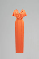 Orange Agate Silk V-Neck Slit Gown With Bow Detail for women, from IHF ATELIER, The Viet Concept