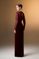 IHF ATELIER • Crimson Royale Velvet & French Lace Column Evening Gown