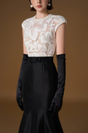 White Sequin Lace & Black Taffeta Sleeveless Mermaid Gown Round Neck for women, from IHF ATELIER, The Viet Concept 
