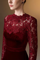 IHF ATELIER • Crimson Royale Velvet & French Lace Column Evening Gown