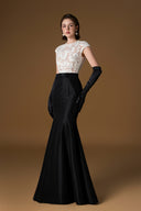 White Sequin Lace & Black Taffeta Sleeveless Mermaid Gown Round Neck for women, from IHF ATELIER, The Viet Concept 