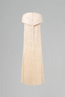 Beige Metallic Striped Chiffon Column Gown with Crystal Mini Cape for women, from IHF ATELIER, The Viet Concept