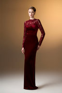 IHF ATELIER • Crimson Royale Velvet & French Lace Column Evening Gown