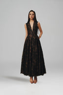 L' SCARLETT • Flared Crystal Floral Sequin Lace Midi Dress