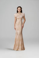Round Neck Mermaid Gown with Draped Shoulder in Pleated Beige Jersey for women, from IHF ATELIER, The Viet Concept 